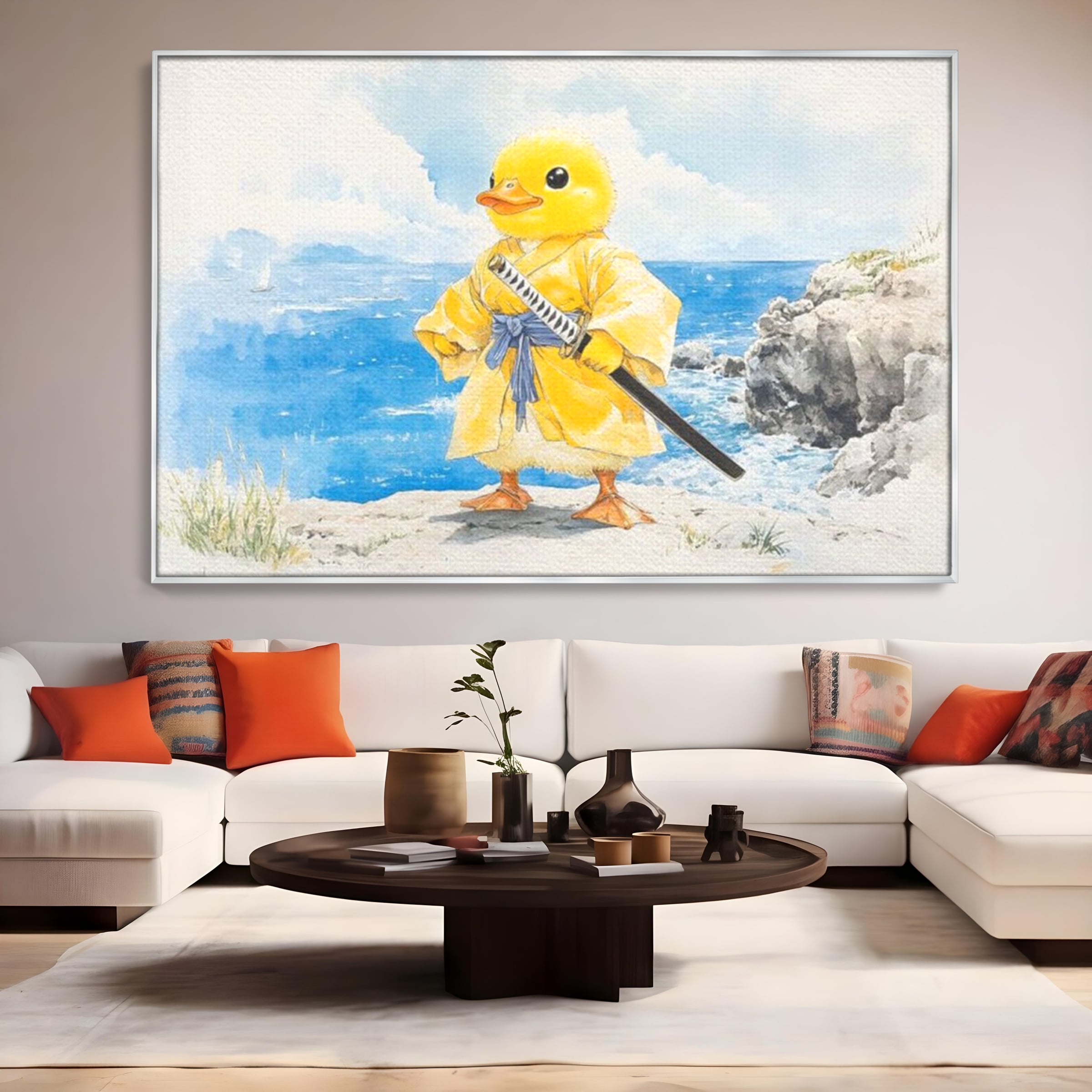 Tablou canvas cu rata samurai galben pe stanca, in rama de aluminiu argintiu, pe perete intr-un living